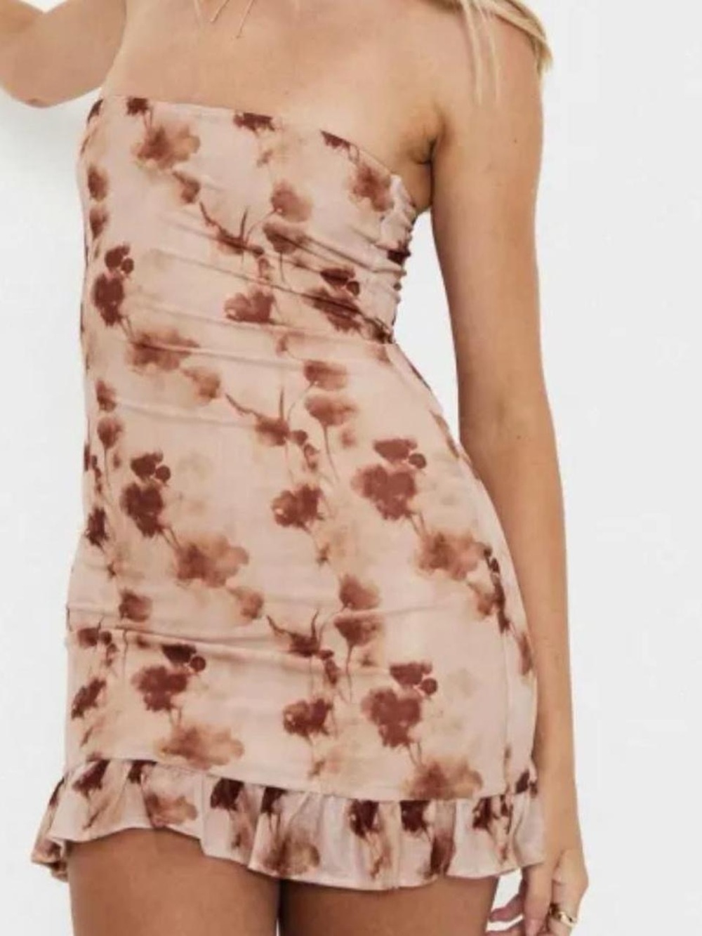 Princess Polly Strapless Floral Ruffle Hem Mini Dress in Blush Brown